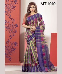 টাঙ্গাইল তাঁতের হাফ সিল্ক চাকা পাড় চেক শাড়ী ব্লাউজ পিছ সহ (MT-1010)