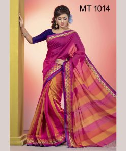 টাঙ্গাইল তাঁতের হাফ সিল্ক টেম্পল পাড় শাড়ী ব্লাউজ পিছ সহ (MT-1014)