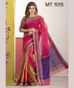 টাঙ্গাইল তাঁতের হাফ সিল্ক টেম্পল পাড় শাড়ী ব্লাউজ পিছ সহ (MT-1015)