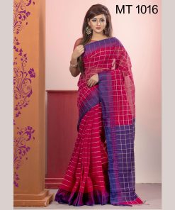 টাঙ্গাইল তাঁতের হাফ সিল্ক ফুল পাড় চেক শাড়ী ব্লাউজ পিছ সহ (MT-1016)