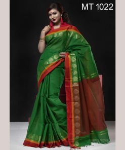 টাঙ্গাইল তাঁতের হাফ সিল্ক পান পাড় শাড়ী ব্লাউজ পিছ সহ (MT-1022)