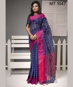টাঙ্গাইল তাঁতের সুতি ফুল পাড় চেক শাড়ী ব্লাউজ পিছ সহ (MT-1047)