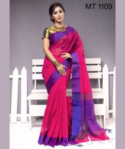 টাঙ্গাইল তাঁতের হাফ সিল্ক ফিতা পাড় শাড়ী ব্লাউজ পিছ সহ (MT-1109)