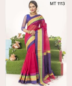 টাঙ্গাইল তাঁতের হাফ সিল্ক টেম্পল পাড় শাড়ী ব্লাউজ পিছ সহ (MT-1113)