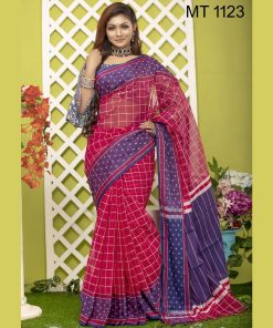 টাঙ্গাইল তাঁতের হাফ সিল্ক বুটি পাড় চেক শাড়ী ব্লাউজ পিছ সহ (MT-1123)