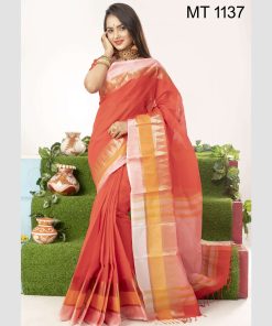 টাঙ্গাইল তাঁতের সুতি বড় টেম্পল পাড় শাড়ী ব্লাউজ পিছ সহ (MT-1137)