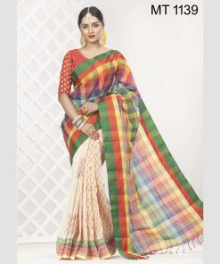 টাঙ্গাইল তাঁতের সুতি ডিজাইনার ব্লক প্রিন্ট শাড়ী ব্লাউজ পিছ সহ (MT-1139)