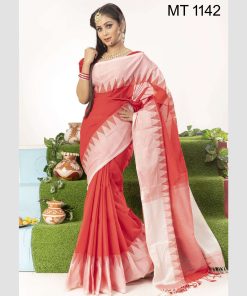 টাঙ্গাইল তাঁতের হাফ সিল্ক টেম্পল পাড় শাড়ী ব্লাউজ পিছ সহ (MT-1142)