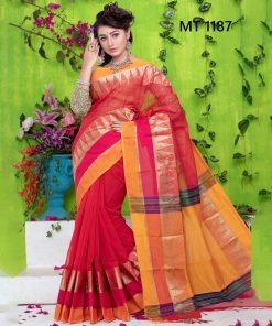 টাঙ্গাইল তাঁতের হাফ সিল্ক বড় টেম্পল পাড় শাড়ী ব্লাউজ পিছ সহ (MT-1187)