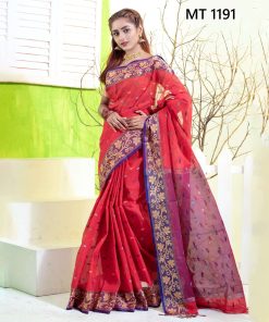 টাঙ্গাইল তাঁতের সুতি বড় লতা পাড় বুটি শাড়ী ব্লাউজ পিছ সহ (MT-1191)