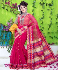 টাঙ্গাইল তাঁতের হাফ সিল্ক টেম্পল পাড় শাড়ী ব্লাউজ পিছ সহ (MT-1195)