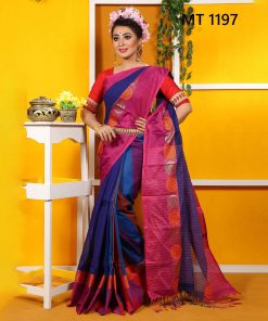 টাঙ্গাইল তাঁতের হাফ সিল্ক টেম্পল পাড় শাড়ী ব্লাউজ পিছ সহ (MT-1197)