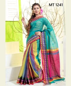 টাঙ্গাইল তাঁতের হাফ সিল্ক টেম্পল পাড় শাড়ী ব্লাউজ পিছ সহ (MT-1241)