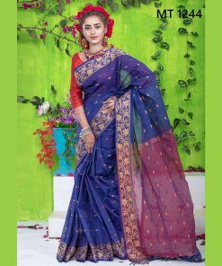 টাঙ্গাইল তাঁতের সুতি বড় লতা পাড় বুটি শাড়ী ব্লাউজ পিছ সহ (MT-1244)