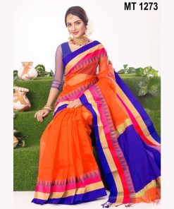 টাঙ্গাইল তাঁতের হাফ সিল্ক টেম্পল পাড় শাড়ী ব্লাউজ পিছ সহ (MT-1273)