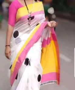 টাঙ্গাইল তাঁতের হাফ সিল্ক ব্লক প্রিন্ট শাড়ী ব্লাউজ পিছ সহ (MT-1279)