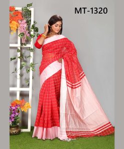 টাঙ্গাইল তাঁতের হাফ সিল্ক ছোট বড় পাড় চেক শাড়ী ব্লাউজ পিছ সহ (MT-1320)