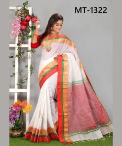 টাঙ্গাইল তাঁতের হাফ সিল্ক পান পাড় শাড়ী ব্লাউজ পিছ সহ (MT-1322)