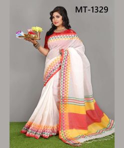 টাঙ্গাইল তাঁতের হাফ সিল্ক টেম্পল পাড় শাড়ী ব্লাউজ পিছ সহ (MT-1329)