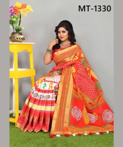 টাঙ্গাইল তাঁতের কটন ব্লক প্রিন্ট শাড়ী রানিং ব্লাউজ পিছ সহ (MT-1330)