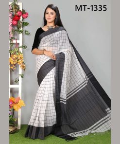 টাঙ্গাইল তাঁতের হাফ সিল্ক ভেলভেট পাড় চেক শাড়ী ব্লাউজ পিছ সহ (MT-1335)