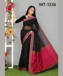 টাঙ্গাইল তাঁতের হাফ সিল্ক রুহিতন পাড় শাড়ী ব্লাউজ পিছ সহ (MT-1336)