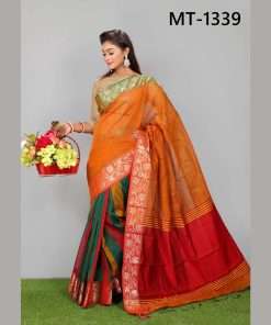 টাঙ্গাইল তাঁতের হাফ সিল্ক বড় লতা পাড় শাড়ী ব্লাউজ পিছ সহ (MT-1339)