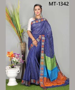 টাঙ্গাইল তাঁতের সফ্ট হাফ সিল্ক চাকা পাড় চেক শাড়ী ব্লাউজ পিছ সহ (MT-1342)