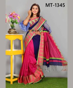 টাঙ্গাইল তাঁতের সফ্ট হাফ সিল্ক টেম্পল পাড় শাড়ী ব্লাউজ পিছ সহ (MT-1345)