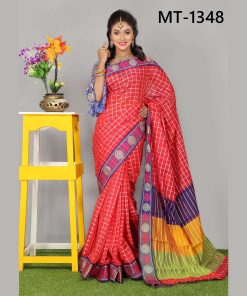 টাঙ্গাইল তাঁতের সফ্ট হাফ সিল্ক চাকা পাড় চেক শাড়ী ব্লাউজ পিছ সহ (MT-1348)
