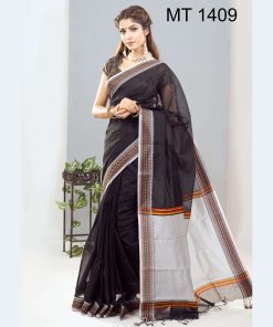 টাঙ্গাইল তাঁতের হাফ সিল্ক রুহিতন পাড় শাড়ী ব্লাউজ পিছ সহ (MT-1409)