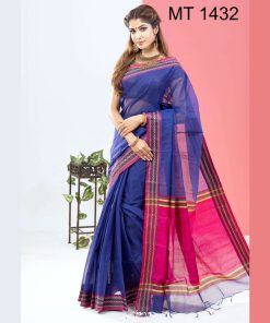 টাঙ্গাইল তাঁতের হাফ সিল্ক রুহিতন পাড় শাড়ী ব্লাউজ পিছ সহ (MT-1432)