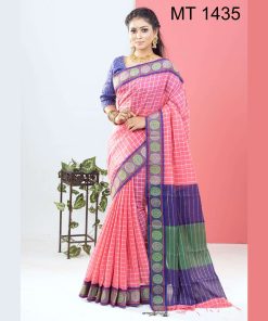 টাঙ্গাইল তাঁতের সফ্ট হাফ সিল্ক চাকা পাড় চেক শাড়ী ব্লাউজ পিছ সহ (MT-1435)