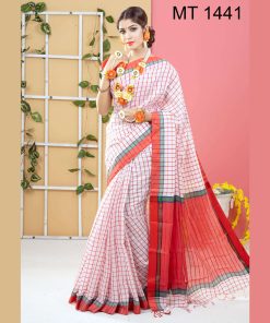 টাঙ্গাইল তাঁতের সফ্ট হাফ সিল্ক চেক শাড়ী ব্লাউজ পিছ সহ (MT-1441)