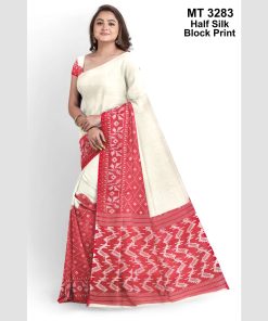 হাফসিল্ক ব্লক প্রিন্ট শাড়ী রানিং ব্লাউজ পিছ (MT-3283)