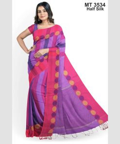 টাঙ্গাইল তাঁতের হাফসিল্ক চাকা পাড় শাড়ী ব্লাউজ পিছ সহ (MT-3534)