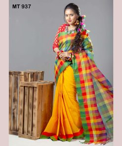 টাঙ্গাইল তাঁতের হাফ সিল্ক ডিজাইনার শাড়ী ব্লাউজ পিছ সহ (MT-937)