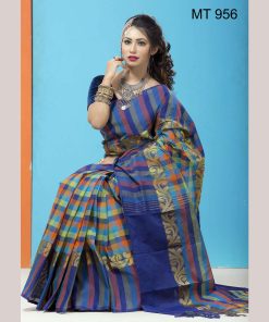 টাঙ্গাইল তাঁতের হাফ সিল্ক লতা পাড় চেক শাড়ী ব্লাউজ পিছ সহ (MT-956)