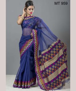 টাঙ্গাইল তাঁতের হাফ সিল্ক টেম্পল পাড় শাড়ী ব্লাউজ পিছ সহ (MT-959)