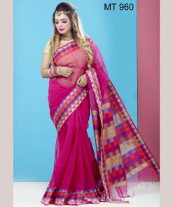 টাঙ্গাইল তাঁতের হাফ সিল্ক টেম্পল পাড় শাড়ী ব্লাউজ পিছ সহ (MT-960)